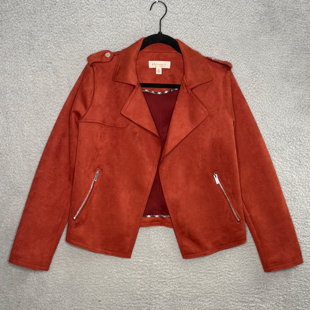 Philosophy Republic Clothing Women Rust Faux Suede Moto Jacket Small Orange